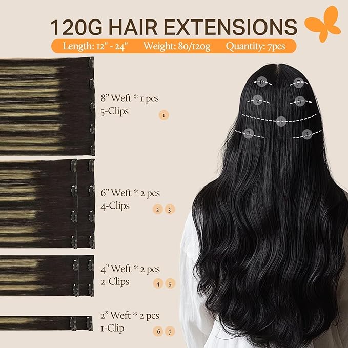 DOORES Clip in Hair Extensions Human Hair, Balayage Natural Black to Light Blonde 7pcs 100g 14 Inch, Remy Hair Extensions Clip in Human Hair Straight Weft
