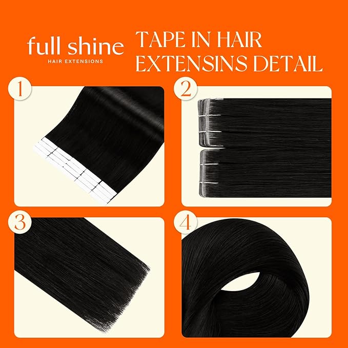 Full Shine Tape in Hair Extensions Color 1 Black 18 Inch Seamless Invisi Edge Double Sided Tape in Extensions Real Human Hair Add Length for Wedding 20 Pcs 50 Grams Soft Natural Look