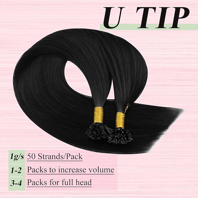 YoungSee U Tip Hair Extensions Black 20 Inch Utip Hair Extensions Human Hair Ktip Hair Extension Real Human Hair Pre Bonded Hair Extension Fusion U Tip Straight Hair 50grams 50s for Everyday Wear
