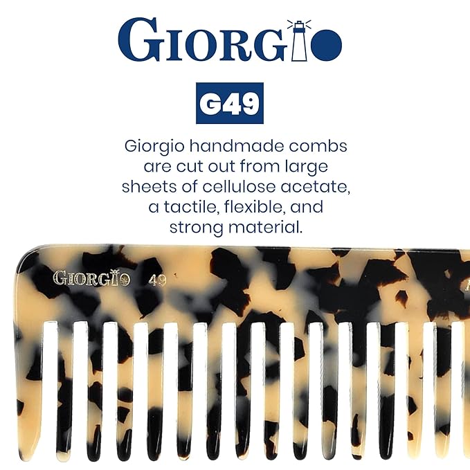 Giorgio G49 White Tokio, Large Wide Tooth Detangling Comb for Thick Curly Wavy Hair. Wet & Dry Hair Detangler - Handmade of Quality Cellulose, Saw-Cut, Hand Polished