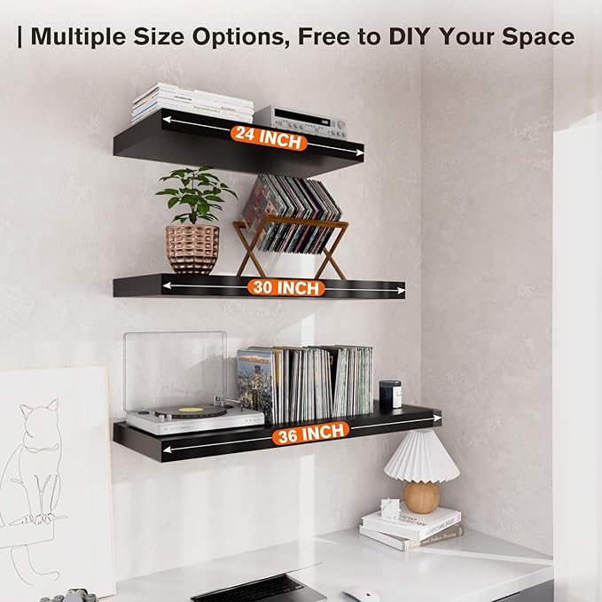Large Floating Shelves for Wall Set of 3 Wooden Wall Shelves 36 in x 12.75 in x 2 in Room Decor Long Shelf with Invisible Wall Mount Bracket for Bedroom Kitchen Living Room Black