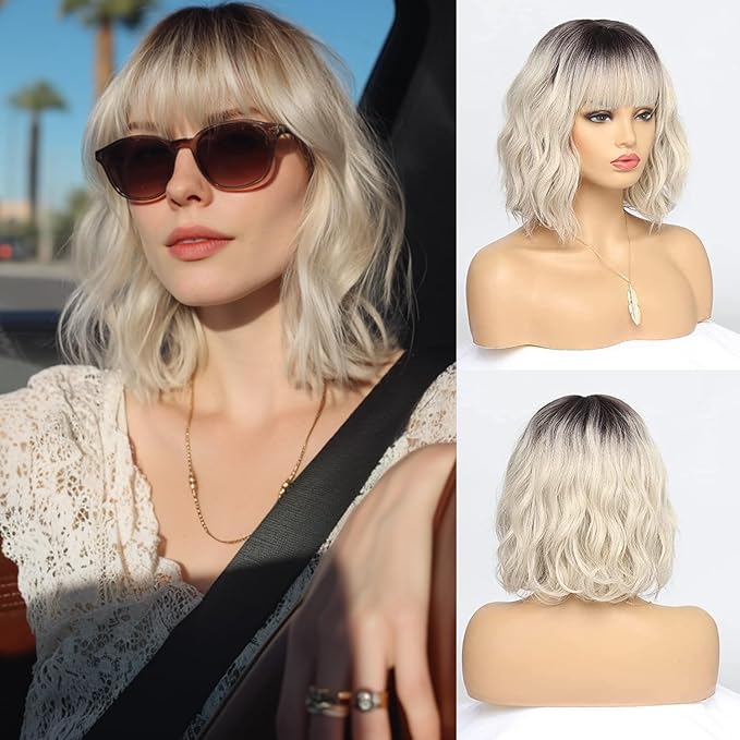 Short Ombre Blonde Bob Wigs for Women Wavy Blonde Wig with Bangs Ash Blond Wig Synthetic Hair Water Wave Medium Length Colorful Wigs（14 Inches）