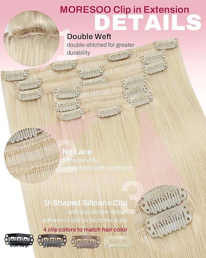Moresoo Blonde Clip in Hair Extensions Remy Human Hair Golden Platinum Blonde Human Hair Clip in Extensions #60 7Pcs/120G 20inch