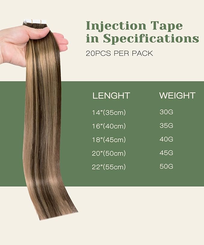 SURNEL Injected Seamless Tape in Extensions Human Hair 20Inch Chocolate Brown to Caramel Blonde Invisible Tape in Extensions 20 Pcs 45g(#4274,20)