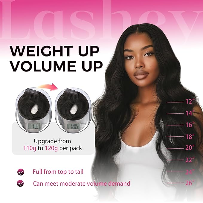 Lashey Seamless Clip in Hair Extensions Human Hair 120g 7pcs Body Wave Remy Human Clip in Hair Extensions with Full End 18 Inch Natural Black Thick