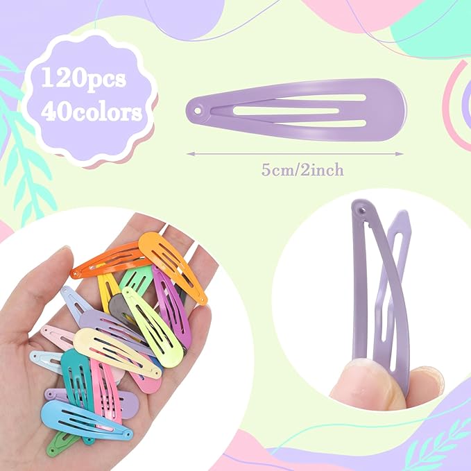 obeoby 120 Pcs 40 Colors Metal Snap Hair Clips, 2 Inch Hair Barrettes Hair Accessories for Girls Toddlers Women Birthday Valentines Day Gifts