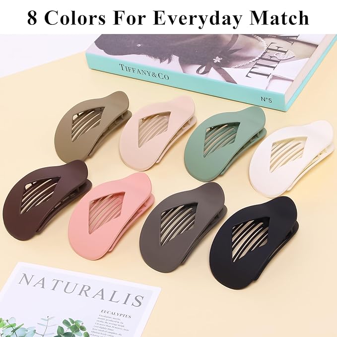 Flat Hair Clips for Women, 8 Pcs Matte No-Slip Flat Claw Clips for Girls,Cute Large Strong Hold No Crease Barrettes for Thick Thin Curly Hair,French Styling Accessories&Gifts for Women (Neutral Color)