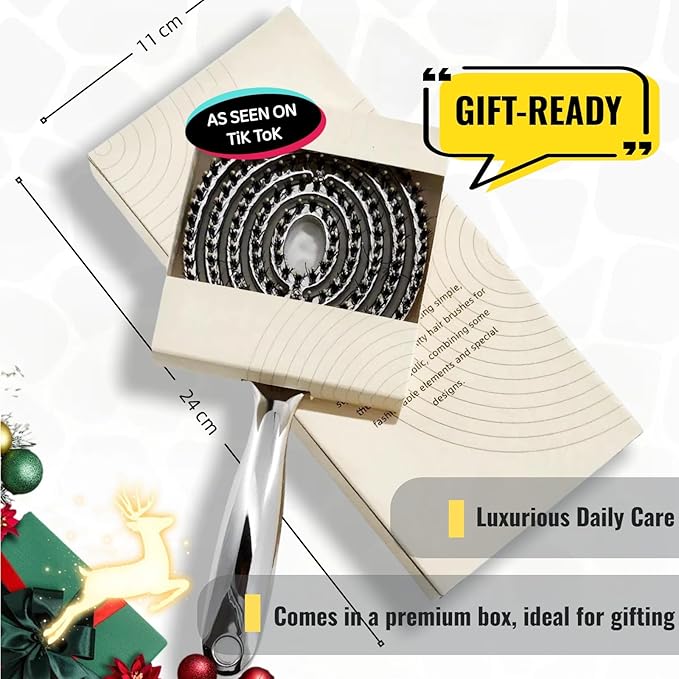 Vented Hair Brush Wet Dry Hair Brush for Quick Flat Blow Drying with Natural Boar Bristles Elastic Scalp Massage Brush Double Layer Design for Smooth Hair（Chrome Silver）