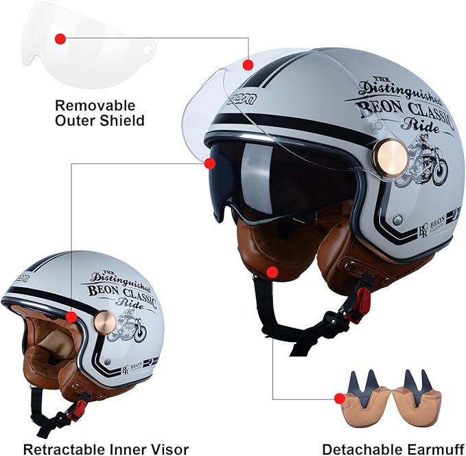 Open Face Motorcycle Helmet for Adults, DOT Approved,3/4 Retro Vespa Helmet, Dual Visors Men's and Women's Motorbike Casco for Moped Cruiser Bobber and Chopper