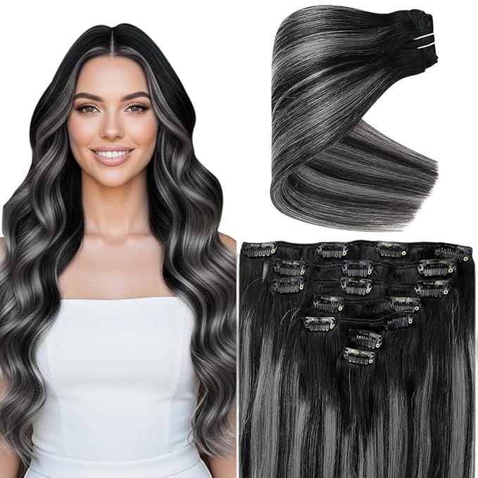 Ve Sunny Clip in Hair Extensions Real Human Hair Black Ombre Clip in Human Hair Extensions for Women Human Clip in Hair Extensions Natural Black Grey Silver Easy-to-wear 7pcs 120g 20inch