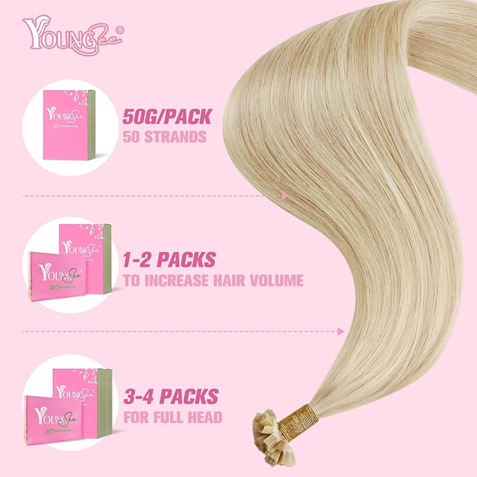 YoungSee Keratin Tip Hair Extensions Human Hair Blonde 24 Inch K Tip Hair Extensions Long Ktips Hair Extensions Human Hair Blonde Highlight Invisible Keratin Bond Hair Extensions Remy 50g #18/613