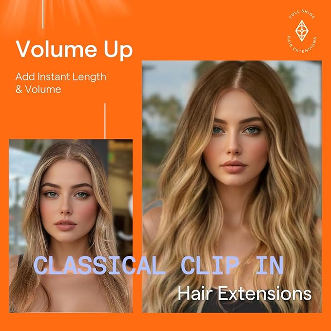 Full Shine Clip in Hair Extensions Human Hair Brown Balayage to Ash Brown Mix Honey Blonde And Lightest Blonde Straight Human Hair Extensions Clip ins 20 Inch Double Weft Clip in Extensions 120 G