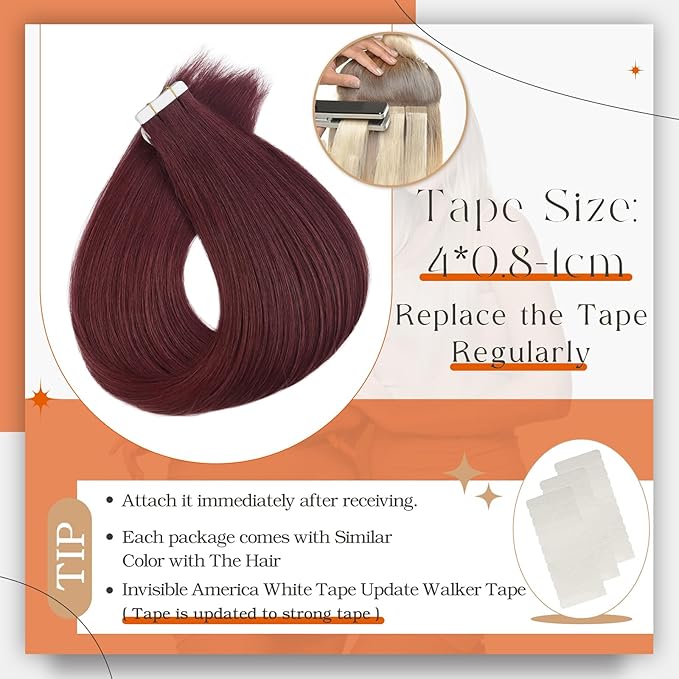 Full Shine Hair Extensions Wine Red 99J Tape in Hair Extensions Human Hair 22Inch Tape in Extensions Invisible Human Hair Extension Burgundy Seamless Skin Weft Hair 50Gram 20Pcs Remy for Women