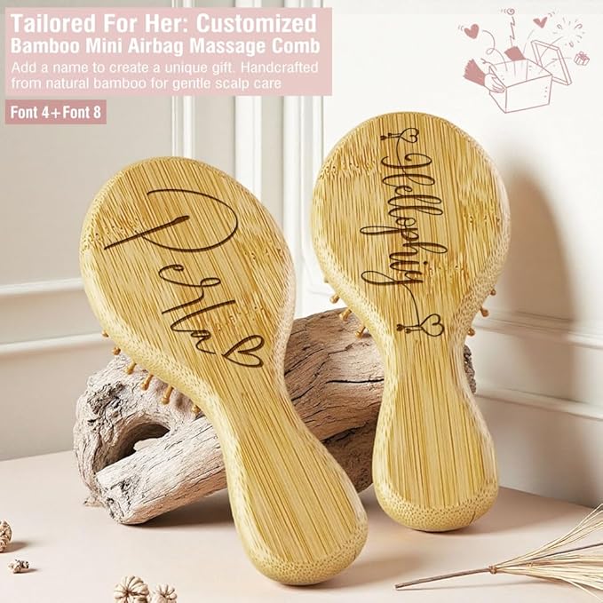 Portable Wooden Hair Brush with Custom Name Engraving, 2 Piece Mini Brushes Gifts for Girls, Daughter, 20 Personalized Design Options, Mirror Option Available