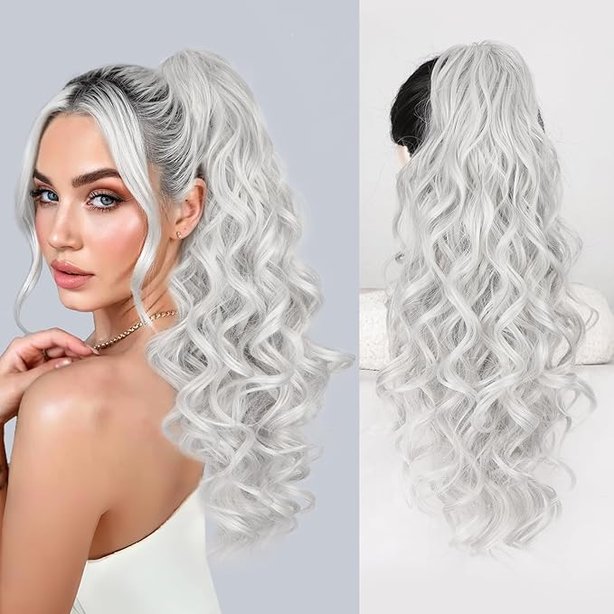QGZ Ponytail Extension 20 Inch Claw Clip Ponytail Hair Extension Natural Synthetic Curly Wavy Hairpiece for Women Daily Use(Silver Grey)