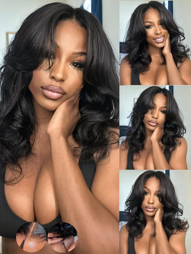 KLAIYI HD Real Scalp Wig 13x4 Lace Frontal Human Hair Wig Loose Body Wave with Face Framing Curtain Bangs Pre Everything Glueless 3S Wear and Go Precut Lace Pre Plucked Pre Bleached 180%Density 16Inch