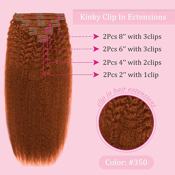 Copper Human Hair Clip Ins 120g 8pcs Colorful Kinky Straight Clip in Hair Extensions Real Human Hair Clip in for Women Soft Hair Extensions Easy Application (#350 22inch)