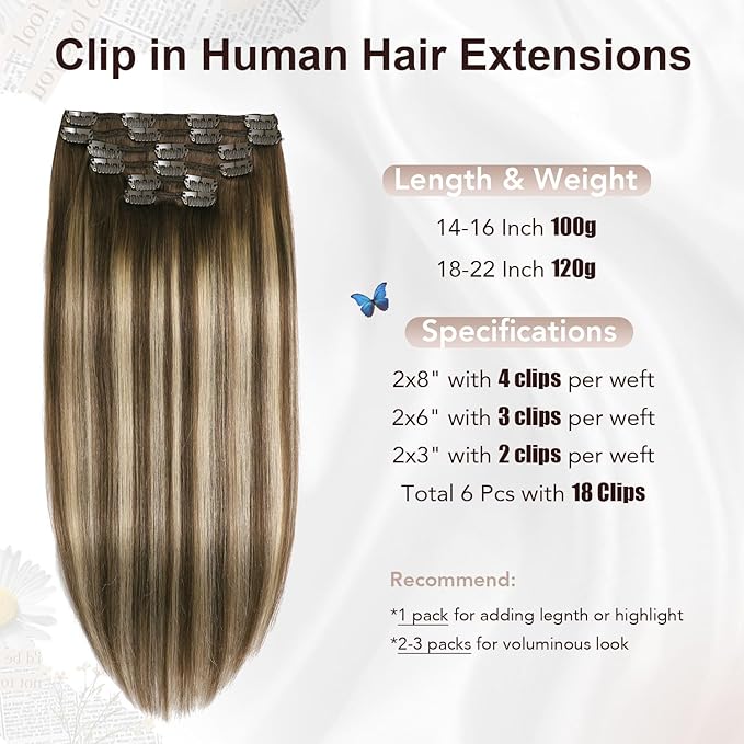 XDhair Human Hair Clip in Extensions 120g 20 Inch Chocolate Brown to Caramel with Chocolate Brown Roots Clip in Hair Extensions Real Human Hair Silky Straight 6pcs #4/27/4
