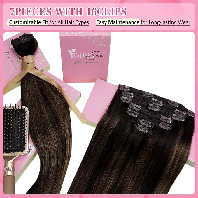 YoungSee Balayage Clip in Hair Extensions Dark Brown Real Hair Extensions Clip in Human Hair Dark Roots to Medium Brown Balayage Human Hair Extension Clip ins for Thin Hair 20In 120G