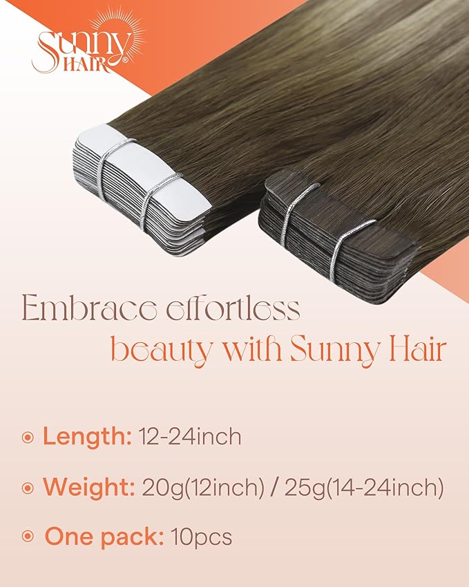 Sunny Hair Tape in Hair Extensions Real Human Hair Invisible Remy Hair Extensions Tape ins for Women Cool Brown Ombre Light Brown Balayage Medium Blonde 12 inch 20G