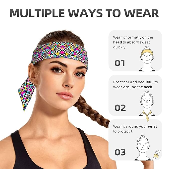 Men's Women Black And White Checkered Retro 80S 90S Sports Sweatbands Multipurpose Novelty Head Ribbon Headdress for Yoga Workout Shower