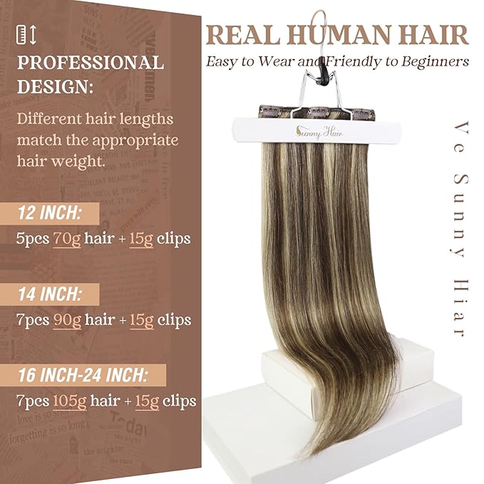 Ve Sunny Human Hair Clip in Extensions Brown Highlights Clip in Hair Extensions Real Human Hair Brown with Blonde Thick End Remy Hair Clip Extensions for Women 120g 16inch 7Pcs