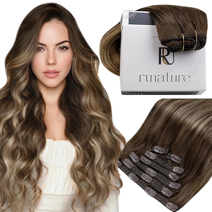 RUNATURE Clip in Human Hair Extensions Balayage Hair Extensions Clip Ins Real Remy Hair, Full Head Clip in Hair Extensions, Add Hair Volume, 18 Inch 120 7pcs #4/27/4 Brown to Blonde