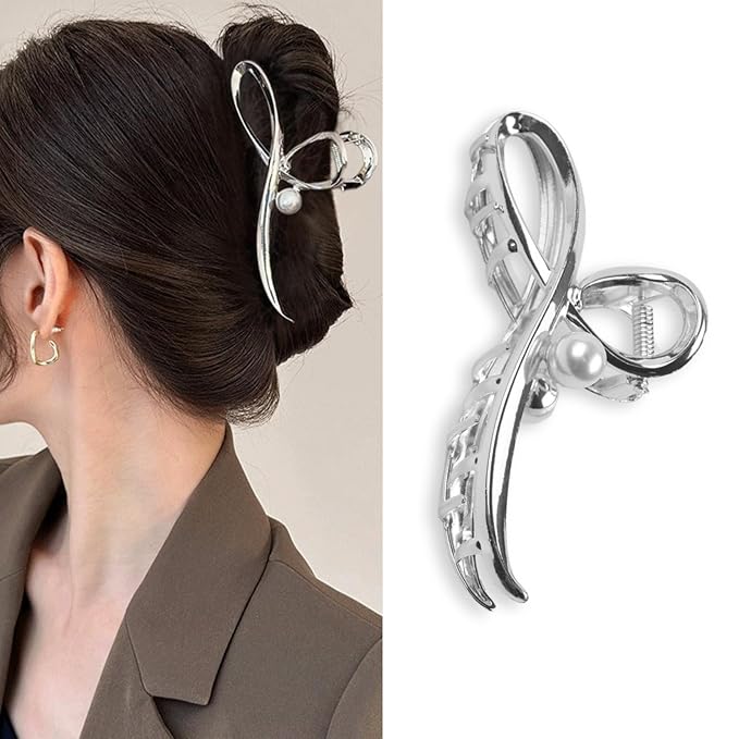Metal Bow Hair Claw Clips Large Bow Hair Clips Silver Bowknot Jaw Clip for Thin Thick Hair Strong Hold Nonslip Stylish Hair Accessories for Women Girls