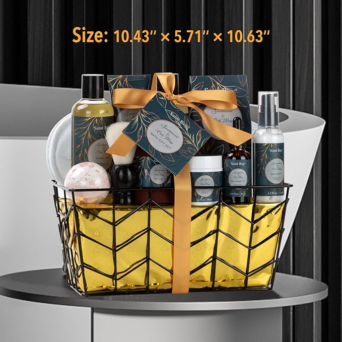Fathers day gift baskets Birthday Day Gifts for Him Spa Gift Basket for Men, Body Wash, 13pcs Sandalwood Oak Moss Bath and Beard Kit for Men with Beard Brush, Christmas Gifts Spa Kits for Man dad
