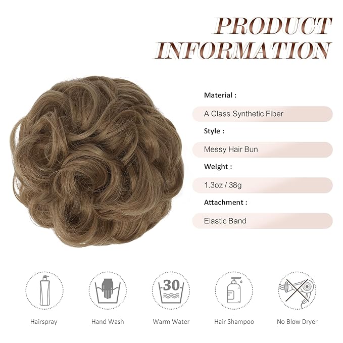 FESHFEN Messy Bun Hair Piece - Elastic Wavy Curly Hair Bun Scrunchies Extensions Synthetic Chignon Hairpieces for Women Girls, Light Brown mix Natural Blonde 1.5 oz