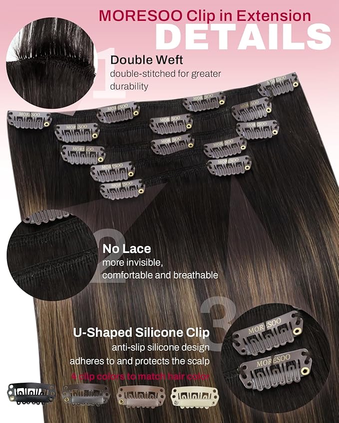 Moresoo Clip in Hair Extensions Real Human Hair Balayage Dark Brown with Chestnut Brown 5pcs 80g Remy Straight Invisible Double Weft Ombre Human Hair Clip in Extensions 18inch