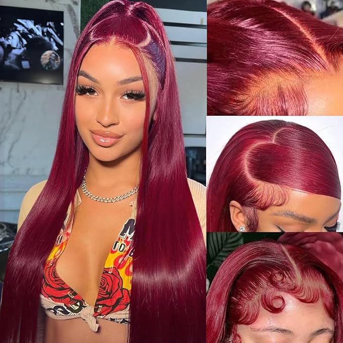 13x6 Straight Burgundy HD Lace Front Wigs Human Hair Red Lace Frontal Wigs Human Hair Pre Plucked Straight Glueless Wigs Human Hair Pre Plucked 200 Density 26 Inch