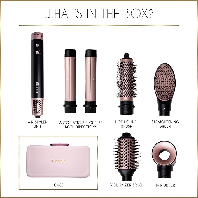 ELLA BELLA® 6 in 1 Professional Hot Air Styler • Powerful Hair Dryer & Straightener Set • Styling Without Heat Damage • Fast Drying Curling Volumizing Straightening • Includes Protective Travel Case