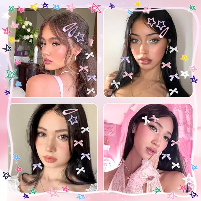 36Pcs Y2k Pink Bow Hair Clips Water Drop Snap Hair Barrettes Metal No Slip Star Hair Clips White Mini Hair Bows Bowknot Star Hair Accessories for Women Girls