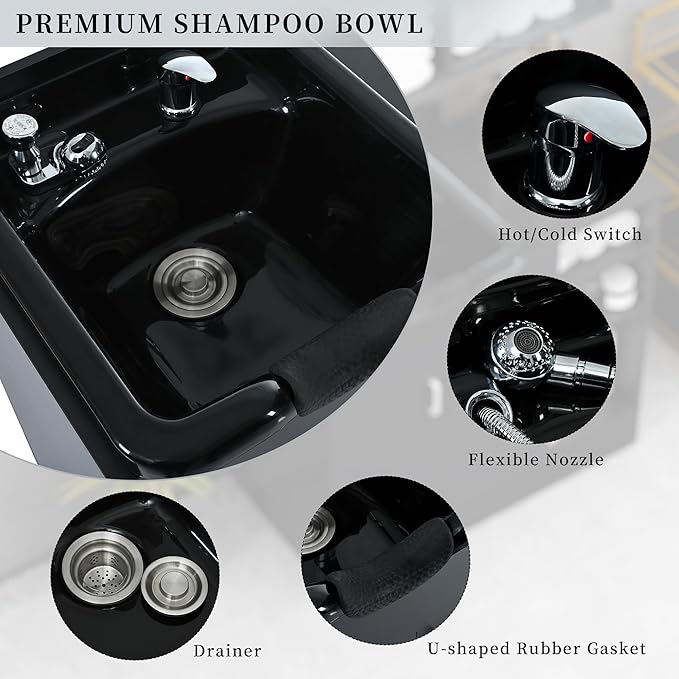 Shampoo Backwash Station for Salons,Salon Station with Shampoo Bowl & Storage Layer,Salon Equipment for Spa Beauty, Black