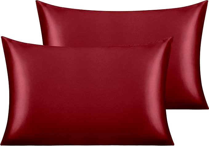 NTBAY 2 Pack Satin Standard Pillowcases for Hair and Skin, Luxurious and Silky Pillow Cases with Envelope Closure, 20x26 Inches, Wine Red