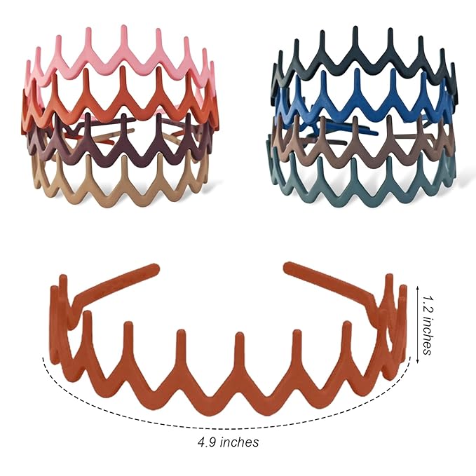 LAPOHI 8 PCS No Slip Fashion Plastic Headbands with Wide Teeth Comb Multicolour Skinny Hair Accessories for Women Men Teen Girls, Morandi Wave Shape Hair Bands for Thick Hair