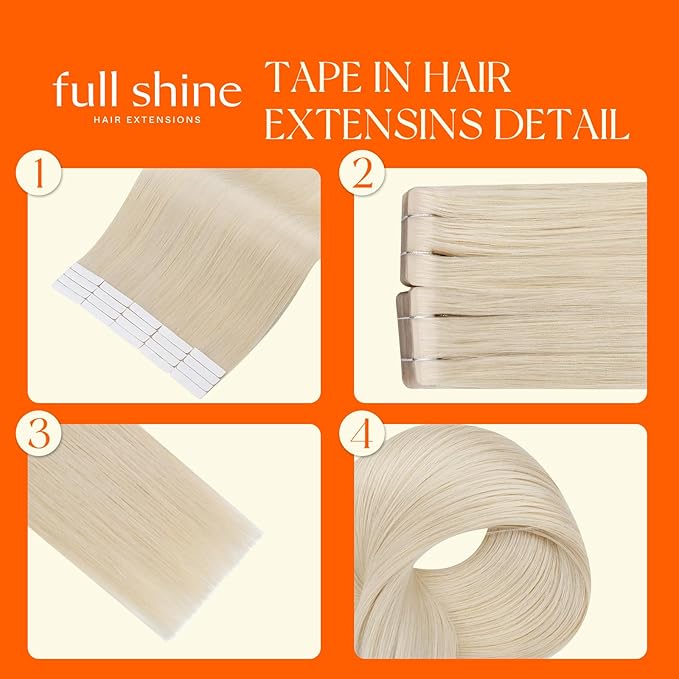 Full Shine Invisi Edge Injected Tape in Hair Extensions Human Hair Color 1000 White Blonde 16Inch Human Hair Tape in Extensions 20Pcs 40Grams Hair Extensions Tape inS for Women Chic Makeover
