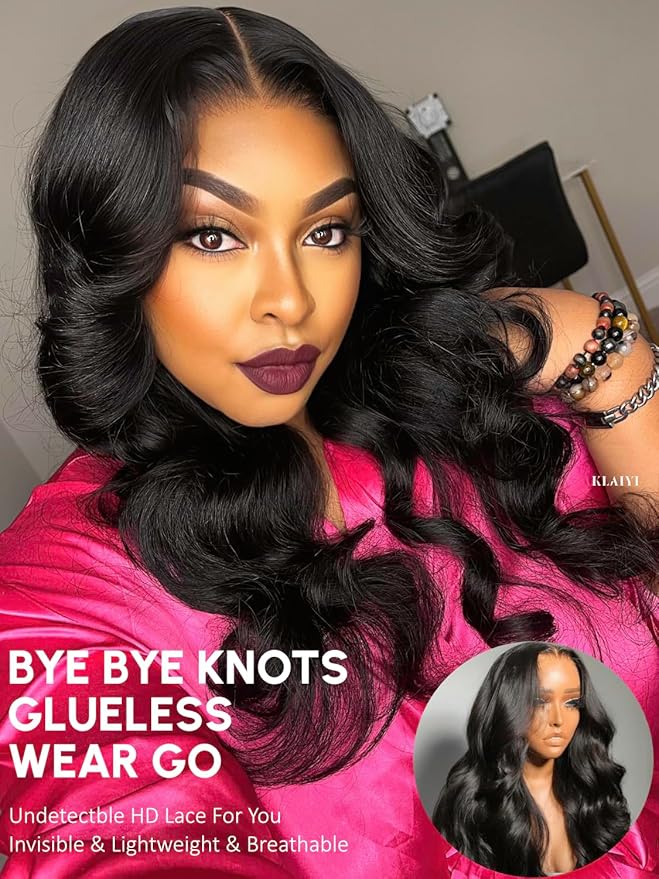 KLAIYI Wear And Go Glueless Wig Bye Bye Knots 13x4Precut Lace Front Wigs Human Hair Loose Body Wave Wig Pre Bleached Pre Everything Pre Plucked with Baby Hair 3S Ready to Wear Beginner Friendly 16Inch