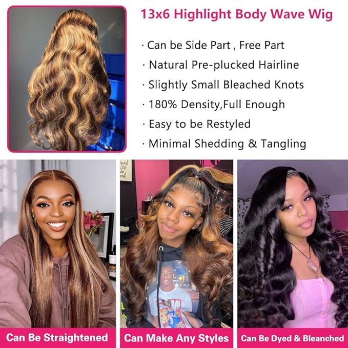 Body Wave Lace Front Wig Human Hair Pre Plucked 180% Density 13x6 HD Lace 22 Inch P4/27 Honey Blonde Frontal Wig for Black Women Glueless Ombre