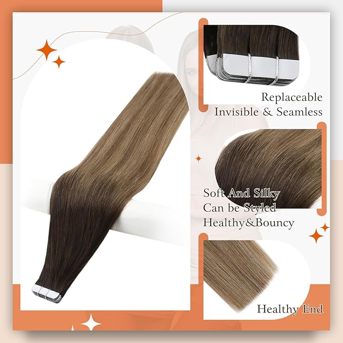 Full Shine Ombre Hair Extensions Tape in Balayage Glue in Extensions Color 2/6/18 Brown And Blonde Tape ins Human Hair Extensions Straight Seamless Hair Extension Remy Human Hair 22Inch 50G 20pcs