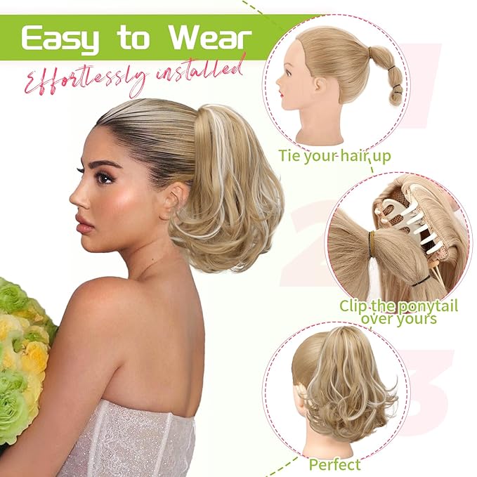 KooKaStyle Ponytail Extension, 10" Short Claw Clip in Pony Tails Hair Extensions Curly Wavy Synthetic Drawstring Hairpieces for Women Honey Blonde with Ash Blonde Highlights