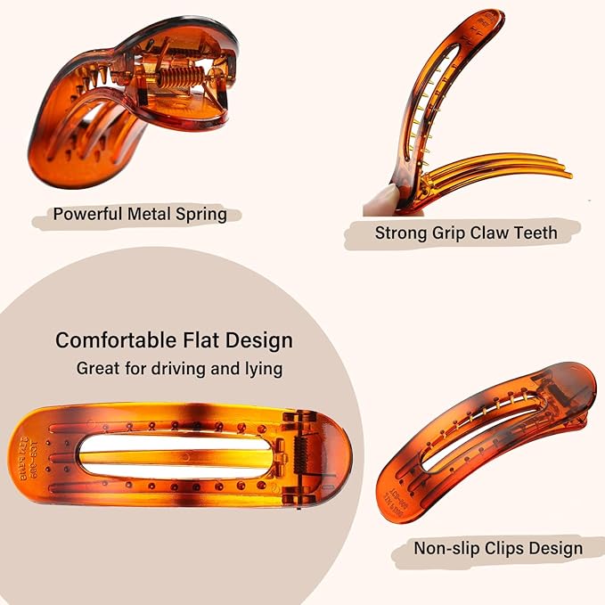 6 PCS Flat Claw Clips, Large Lay Flat Hair Clips for Women Girls, Strong Hold Non-slip Hair Claws for Thick Thin Hair (Tortoise and Matte)