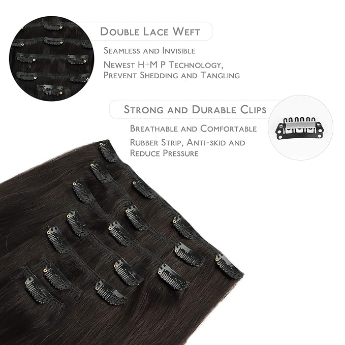 WENNALIFE Clip in Hair Extensions Real Human Hair, 18 Inch 120g 7pcs Human Hair Extensions Clip Ins, Dark Brown Coloured Remy Hair