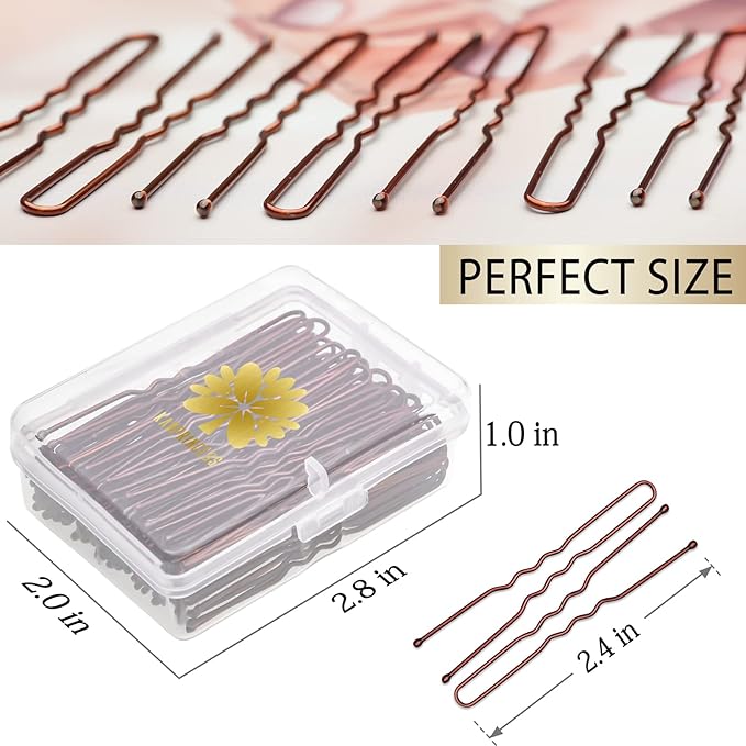 100PCS 2.4Inch U Shaped Hair Pins,Brown Bobby Pins for All Hair Types,Hair Pins for Women,Pain-Free U Pins for Buns With Box（Brown）