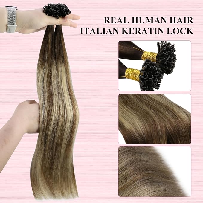 YoungSee Utip Hair Extensions Balayage U Tip Hair Extensions Real Human Hair Ombre Dark Brown to Brown with Blonde Silky Straight 16In 50s/50g