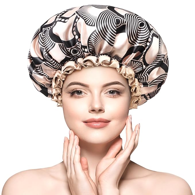 mikimini Medium Shower cap for Women and Girls,Champagne Shower Caps with Lace, Pack of 2,Double Layer Waterproof, Reusable, Washable, High-quality