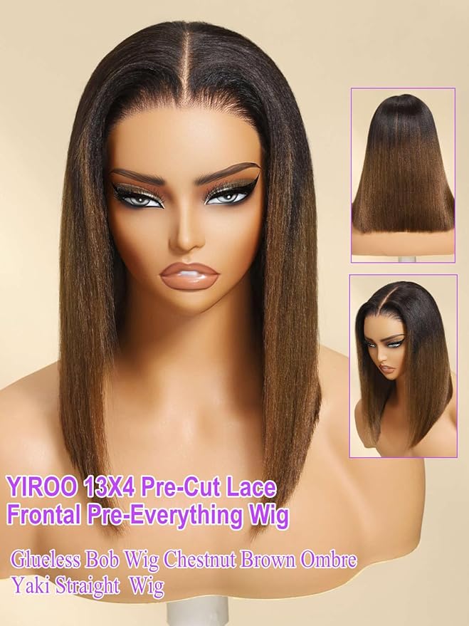 YIROO Chestnut Brown Ombre Yaki Straight Bob Wig Human Hair, 13x4 Lace Front Glueless Wig with Drawstring, Pre Everything Pre Cut Pre Plucked Pre Bleached Knots Natural Hairline Short Bob Wig 12Inch