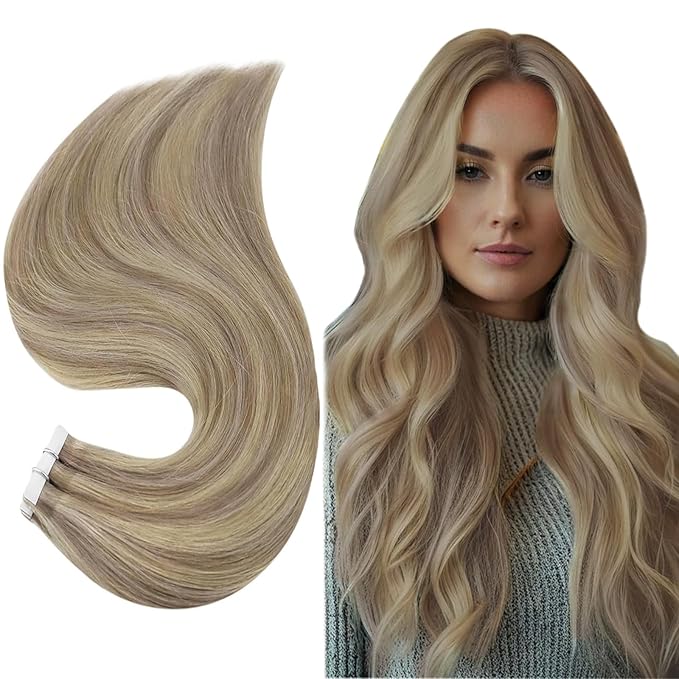 Full Shine Seamless Tape in Hair Extensions 12Inch Color 18 Ash Blonde Highlight 613 Blonde Double Side Invisible Tape in Extensions Short Straigh Real Human Hair 30 Gram Add Volume 20Pcs for Party