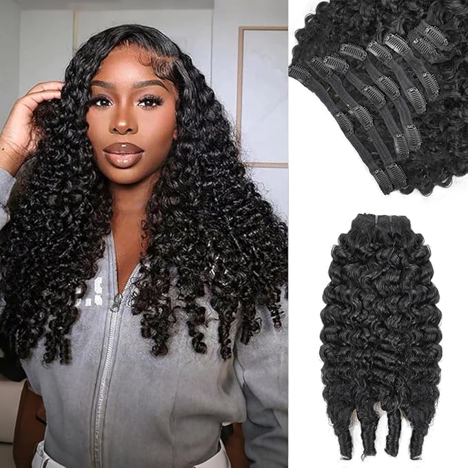 Burmese Curly Clip in Hair Extensions Real Human Hair, 8Pcs Remy Human Hair Clip in Extensions for Women, Natural Soft Human Hair, 120g 26inch #1B Natural Black